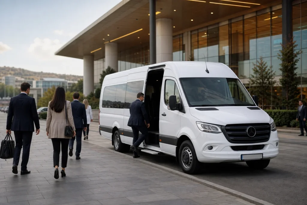 Fuar ve konferans ulaşımı için Ankara'da beyaz Sprinter minibüs